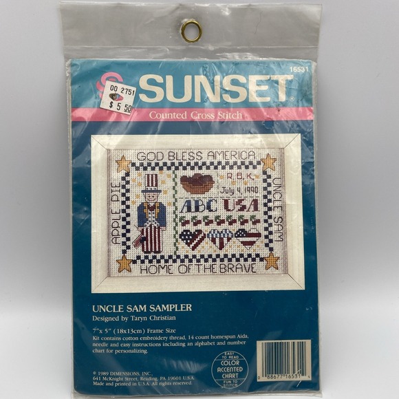 VTG 1989 SEALED Sunset Cross Stitch Uncle Sam Sampler‎ 7x5" USA #16531 - Picture 2 of 4